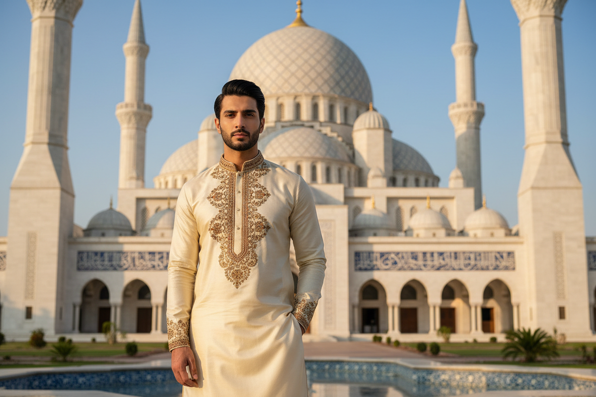 create image of a pakistani male model in kameez shalwar and pose on front of masjid